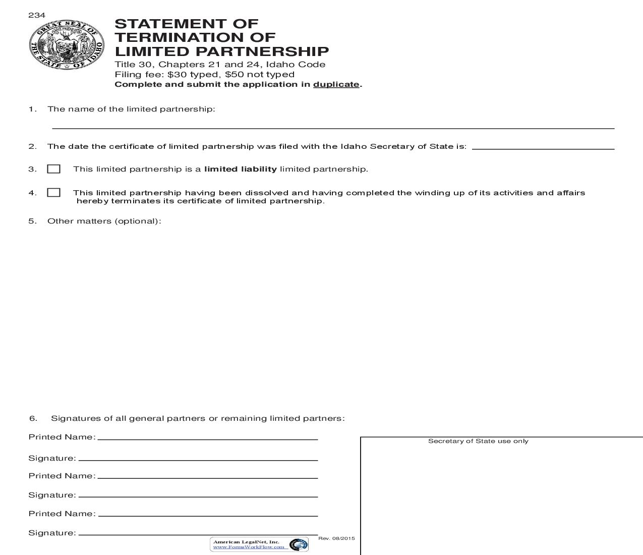 Statement Of Termination Of Limited Partnership {234} |  | Idaho