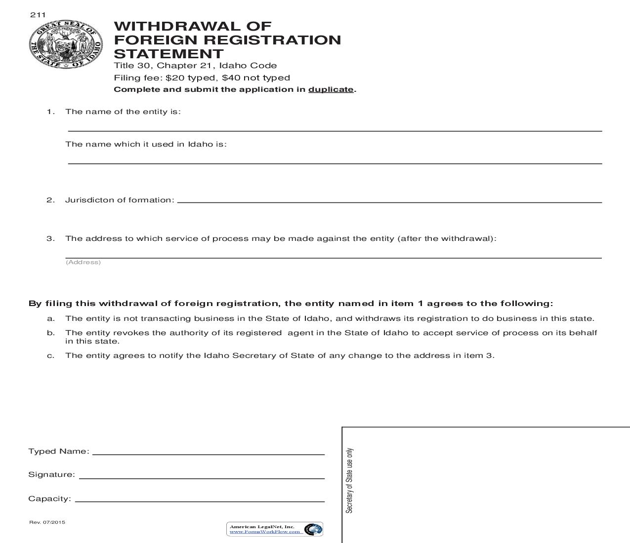 Withdrawal Of Foreign Registration Statement {211} |  | Idaho