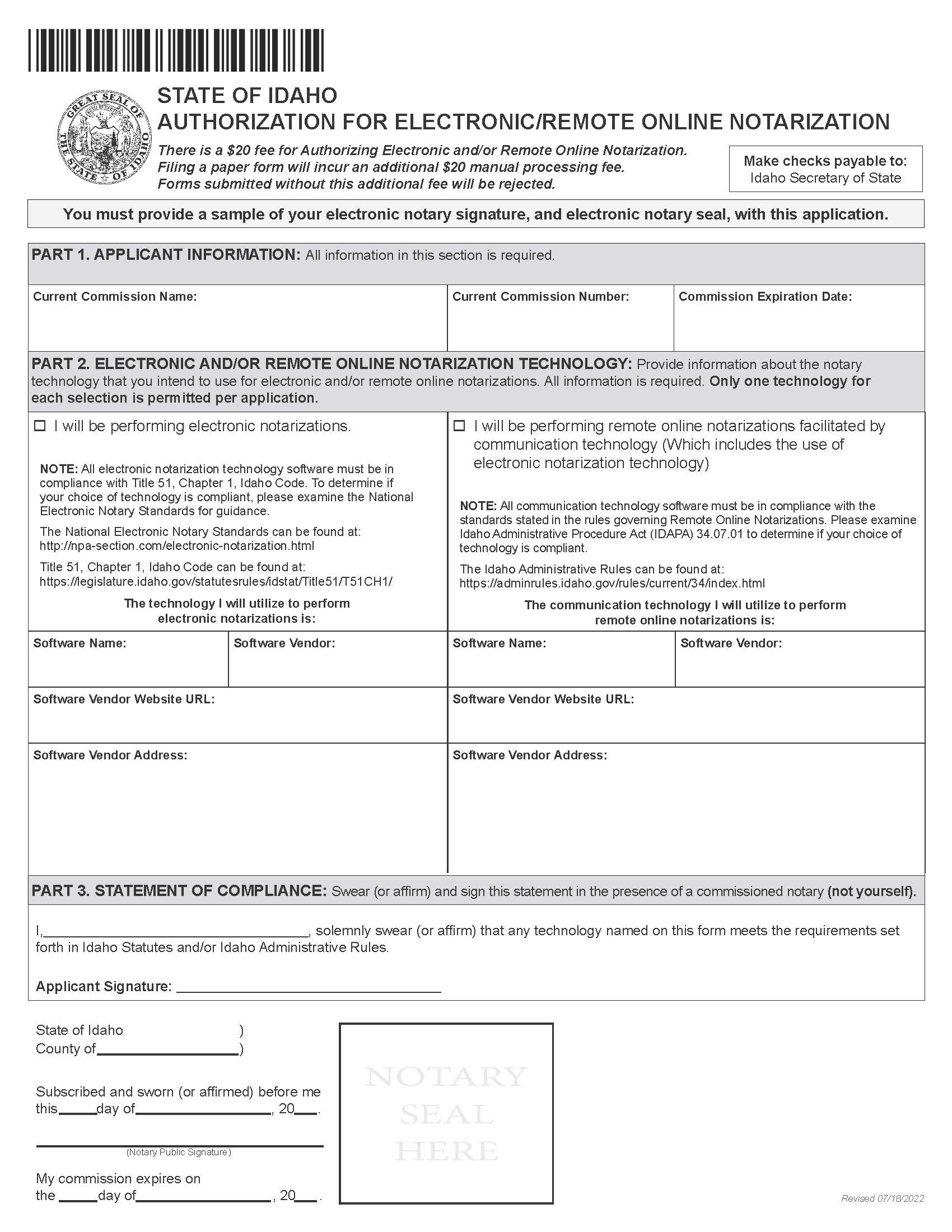 Authorization For Electronic Remote Online Notarization | Pdf Fpdf Docx | Idaho