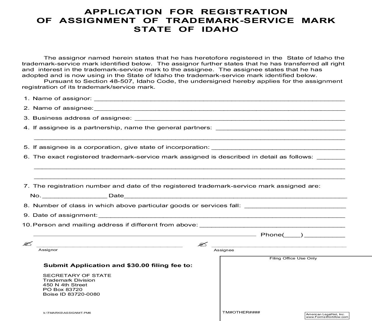 Application For Registration Of Assignment Of Trademark Service Mark |  | Idaho