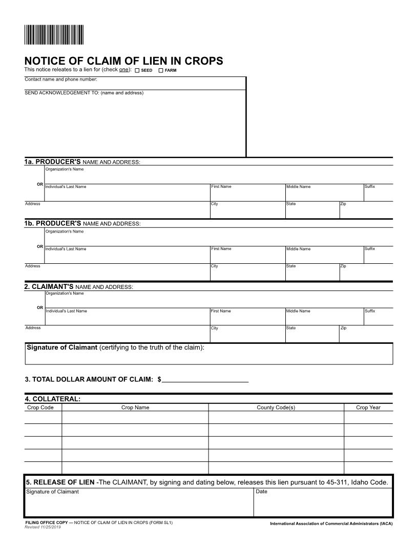 Notice Of Claim Of Lien In Crops {SL-1} | Pdf Fpdf Doc Docx | Idaho