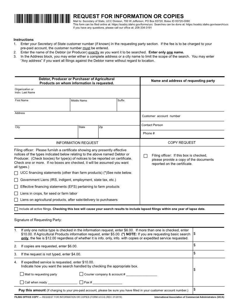 Request For Information Or Copies {UCC-4} | Pdf Fpdf Doc Docx | Idaho