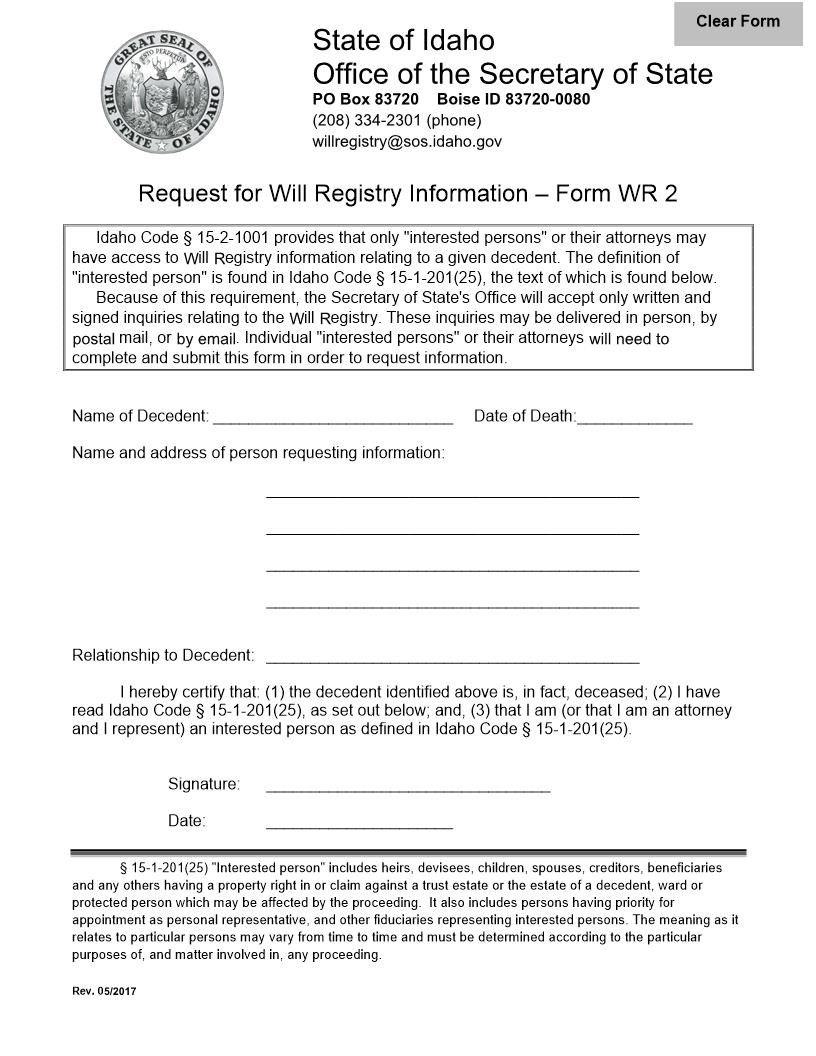 Request For Will Registry Information {WR 2} | Pdf Fpdf Docx | Idaho