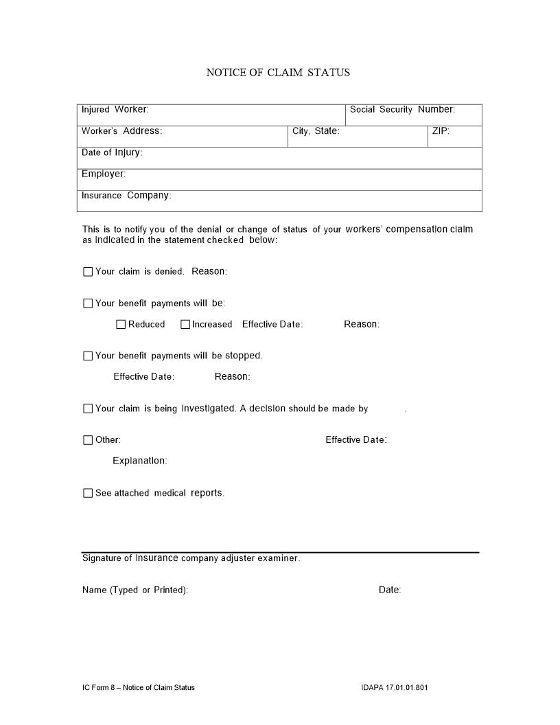 Notice Of Claim Status {IC-8} | Pdf Fpdf Doc Docx | Idaho