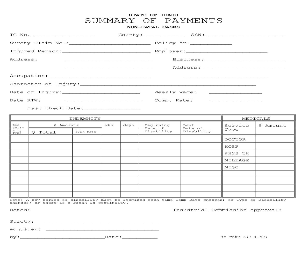 Summary Of Payments Non Fatal Cases {IC-6} | Pdf Fpdf Doc Docx | Idaho