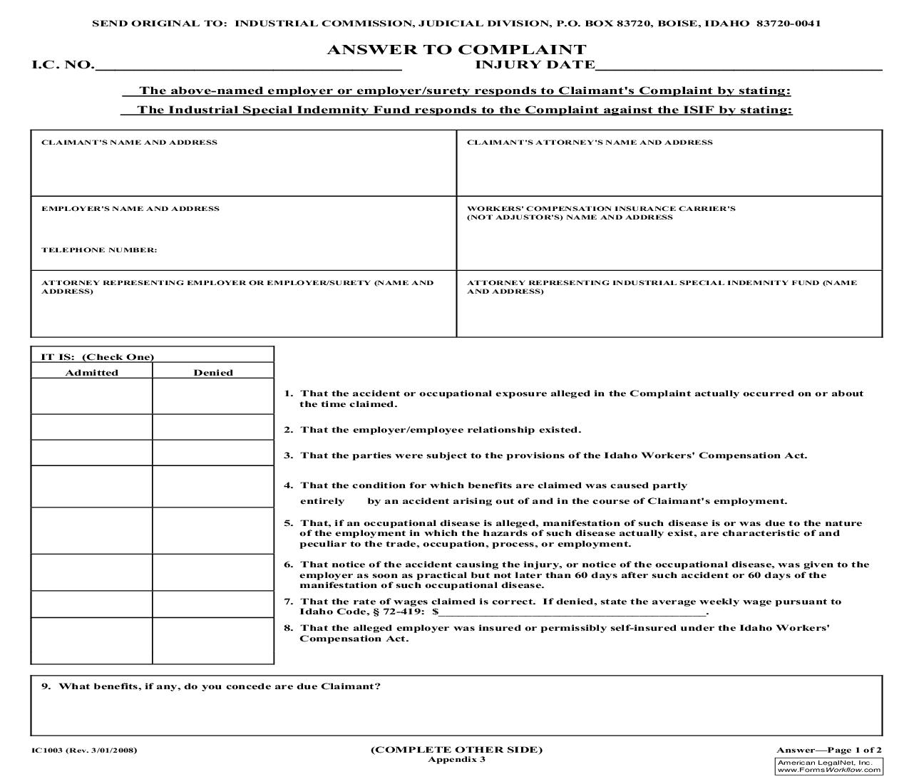 Answer To Complaint {IC-1003} | Pdf Fpdf Docx | Idaho
