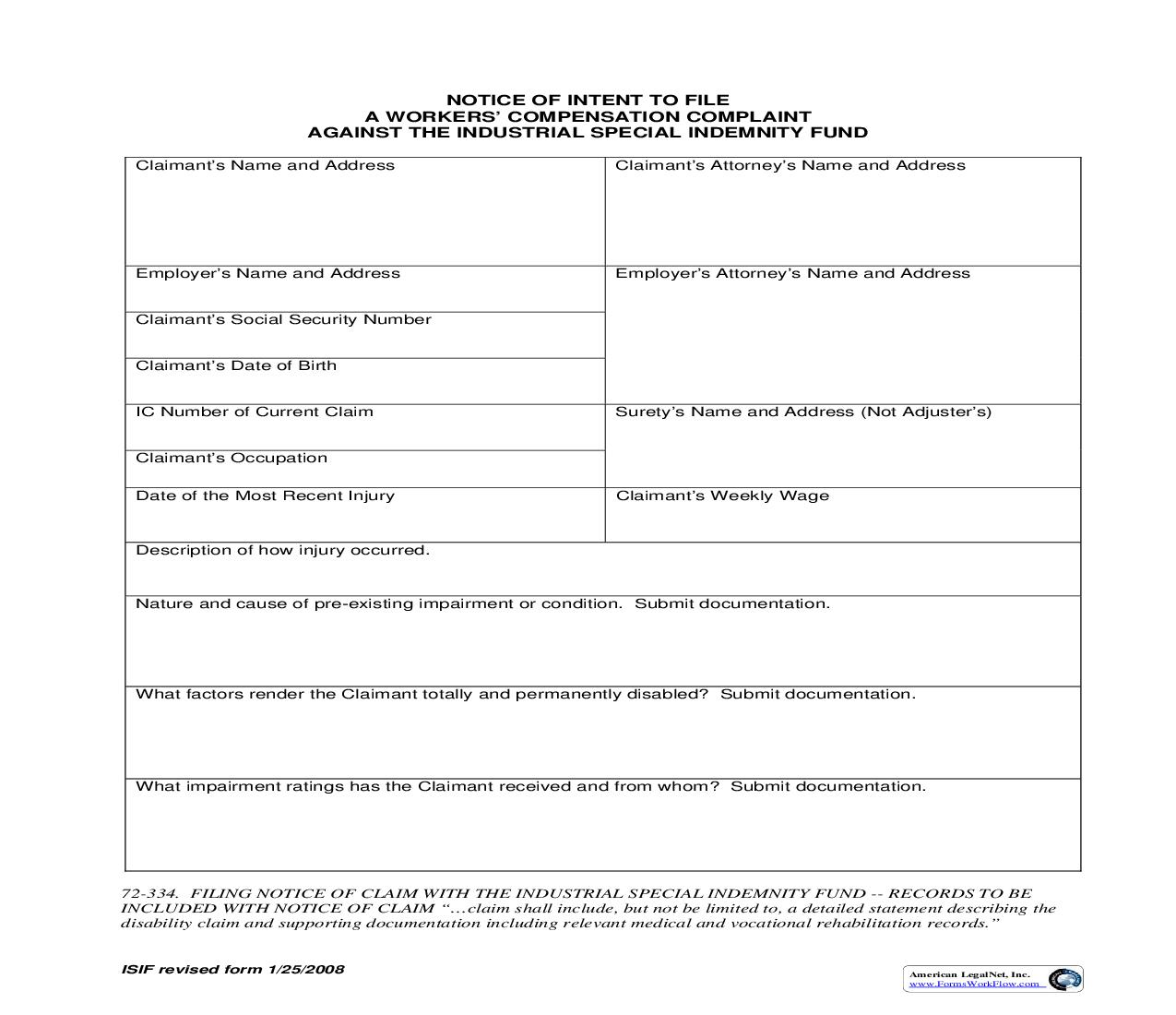 Notice Of Intent To File Workers Compensation Complaint Against Industrial Special Indemnity Fund | Pdf Fpdf Doc Docx | Idaho