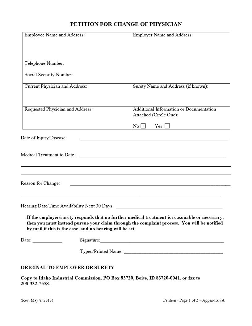 Petition For Change Of Physician | Pdf Fpdf Doc Docx | Idaho