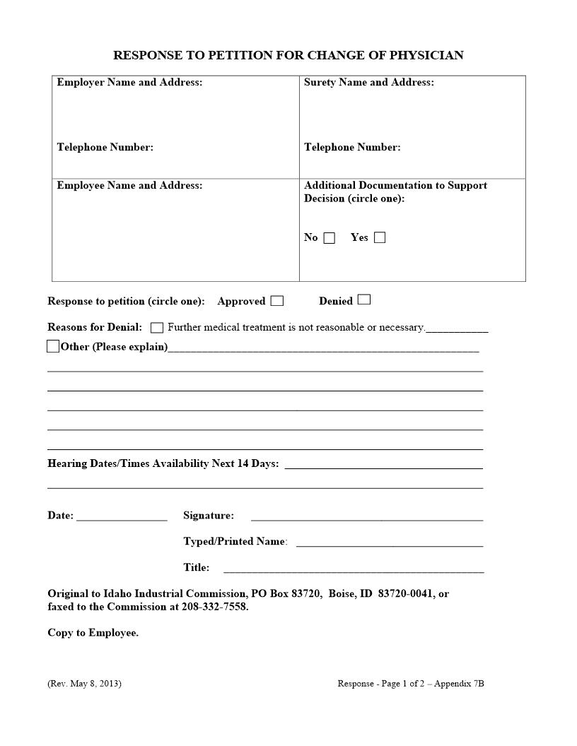 Response To Petition For Change Of Physician | Pdf Fpdf Doc Docx | Idaho