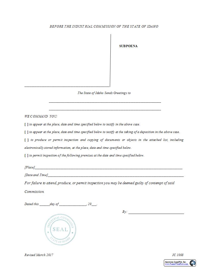 Subpoena {IC-1008} | Pdf Fpdf Docx | Idaho