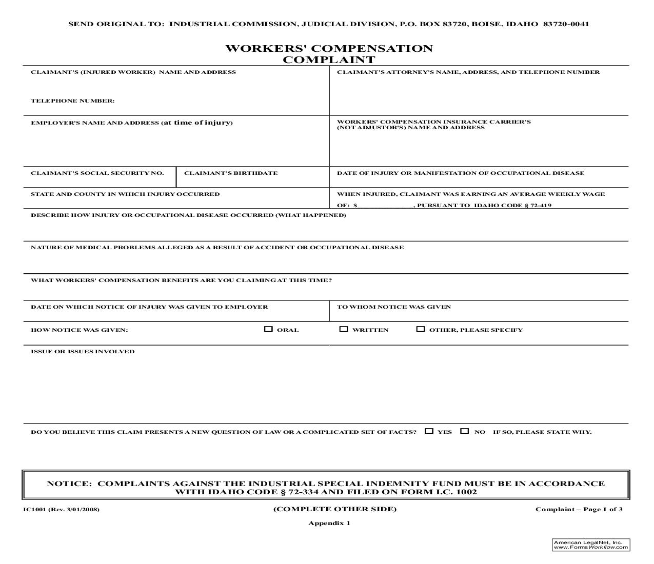 Workers Compensation Complaint {IC-1001} | Pdf Fpdf Doc Docx | Idaho