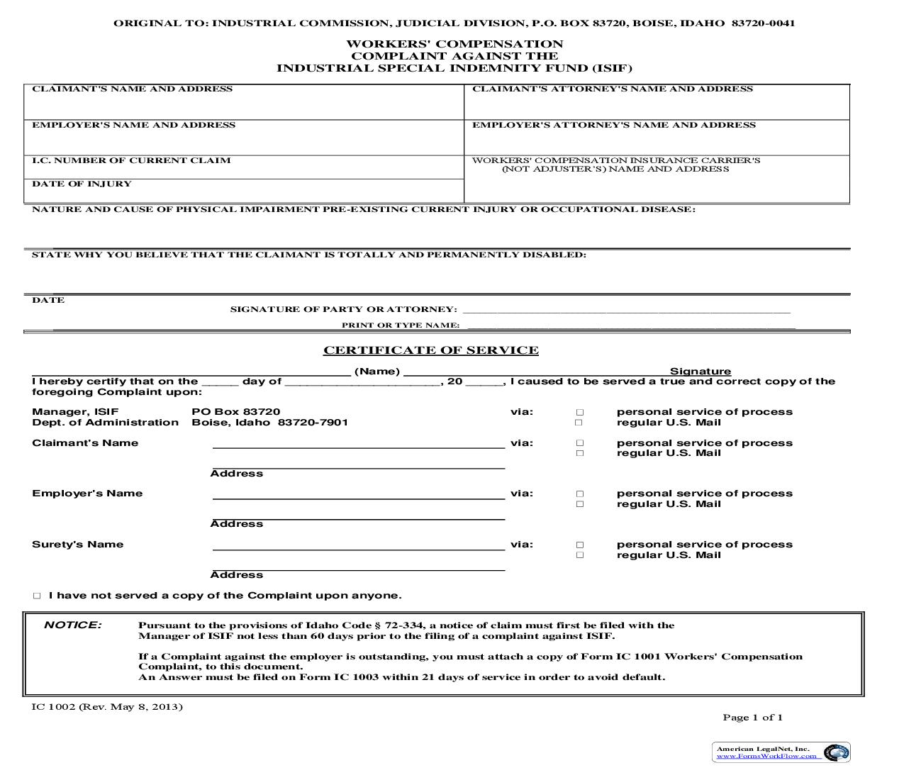 Workers Compensation Complaint Against The Industrial Special Indemnity Fund {IC-1002} | Pdf Fpdf Doc Docx | Idaho