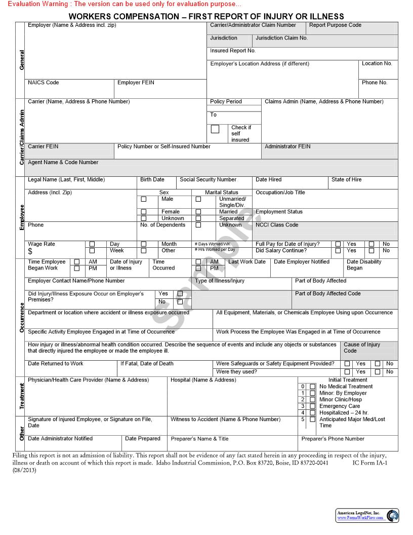 First Report Of Injury Or Illness {IA-1} | Pdf Fpdf Doc Docx | Idaho