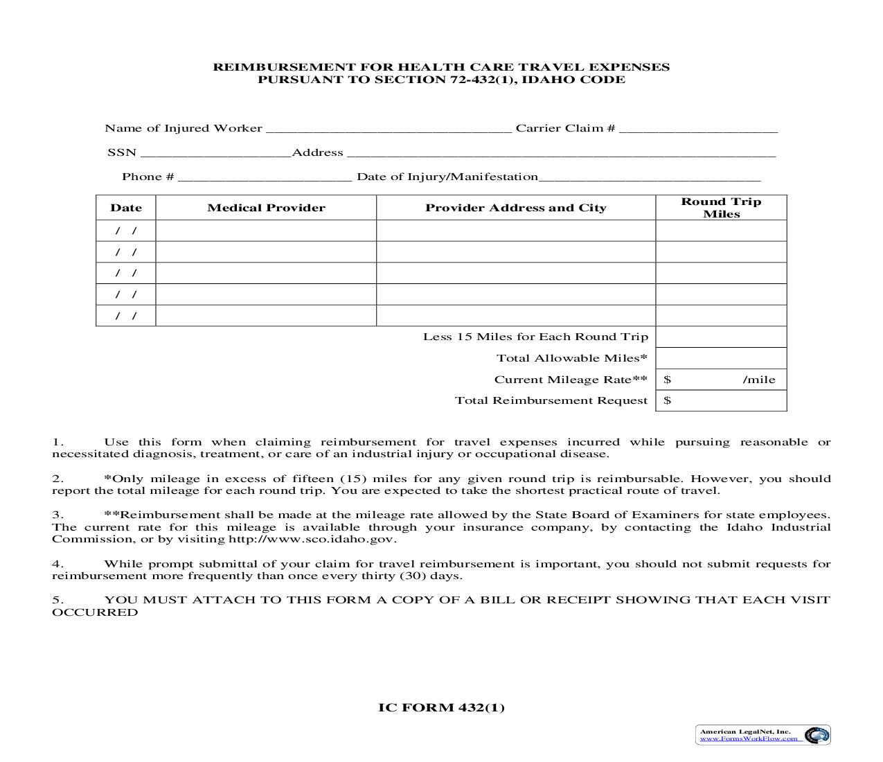 Reimbursement Of Health Care Travel Expenses {432(1)} | Pdf Fpdf Doc Docx | Idaho