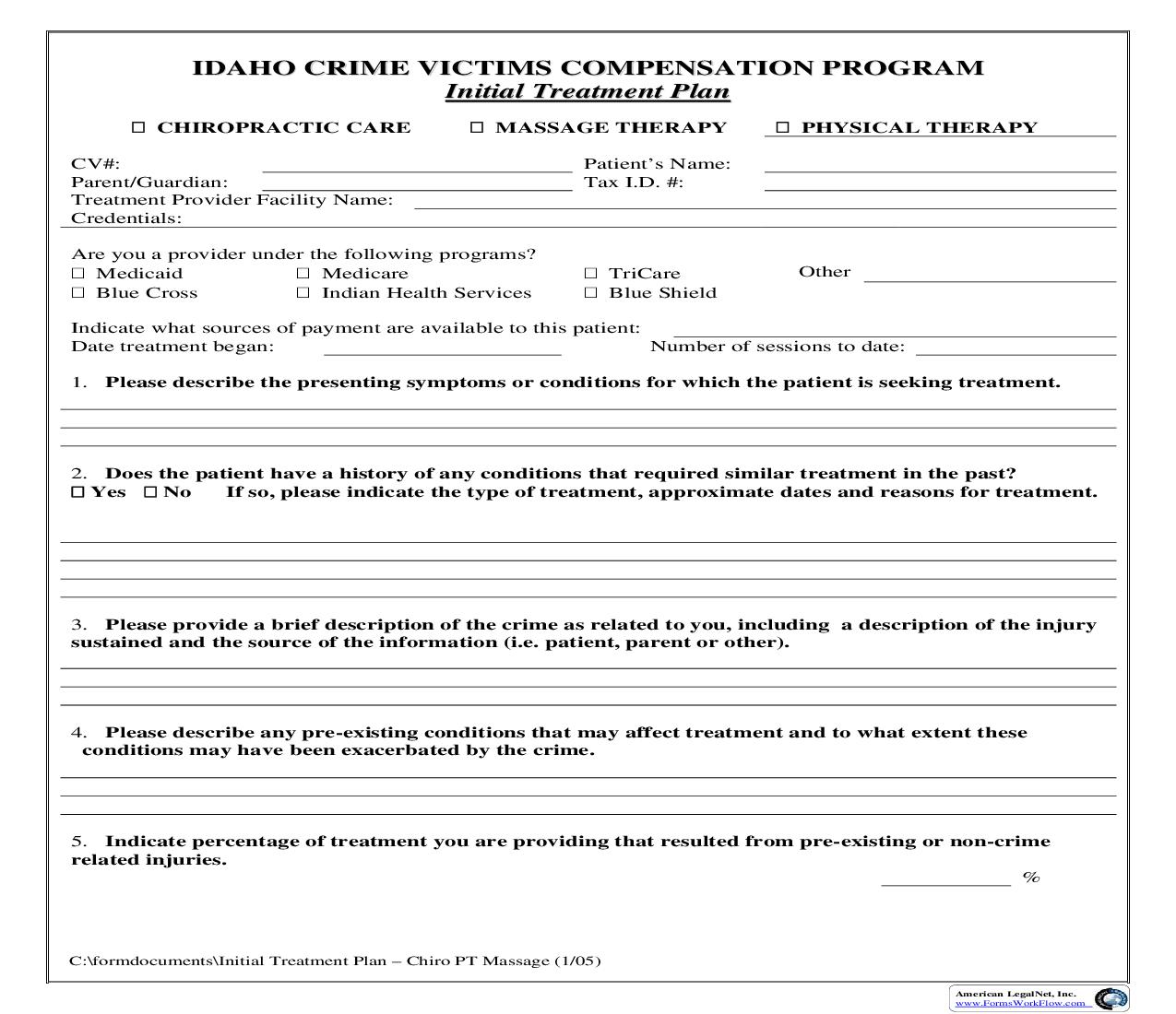 Initial Treatment Plan (Chiropractic Care-Massage Therapy-Other) | Pdf Fpdf Doc Docx | Idaho