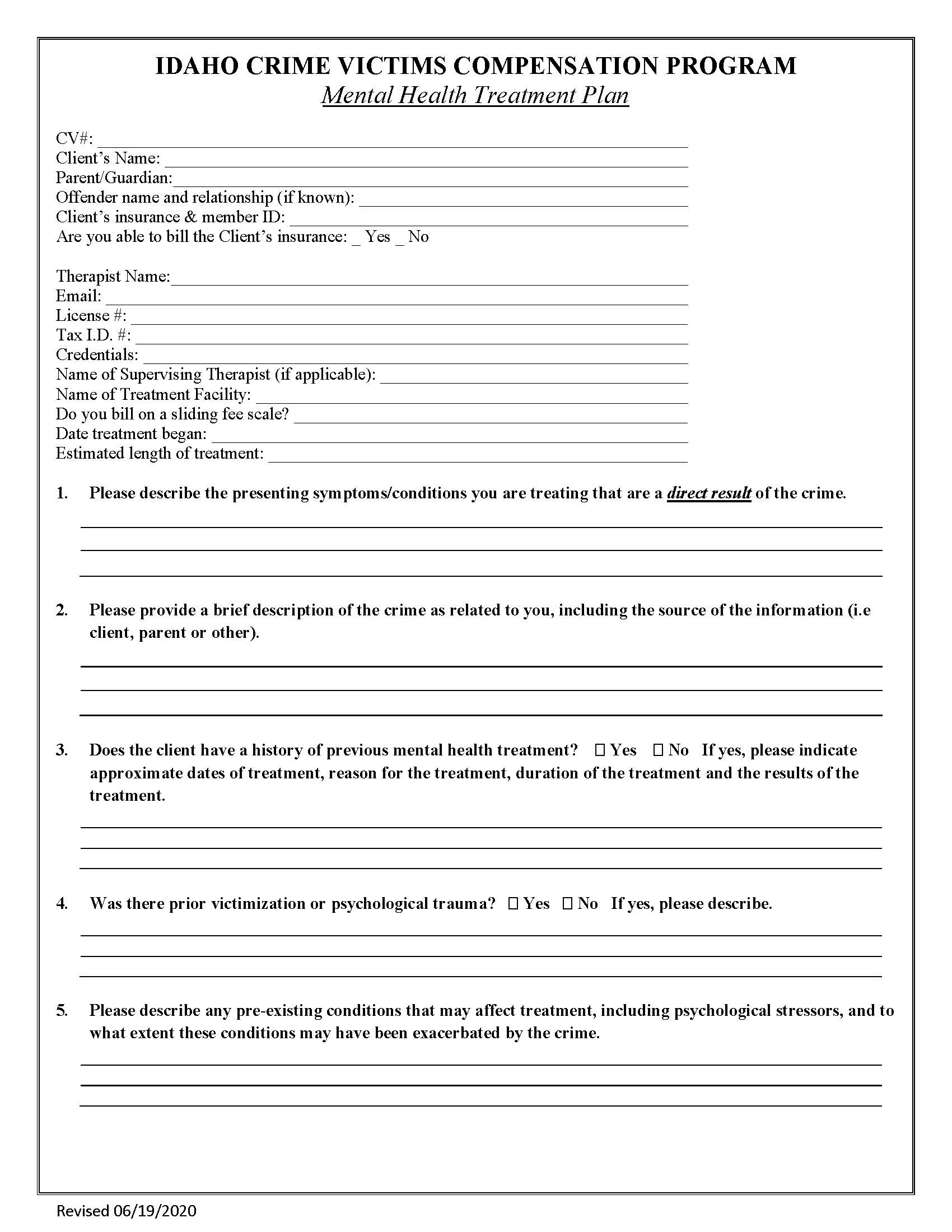 Initial Treatment Plan Mental Health | Pdf Fpdf Doc Docx | Idaho