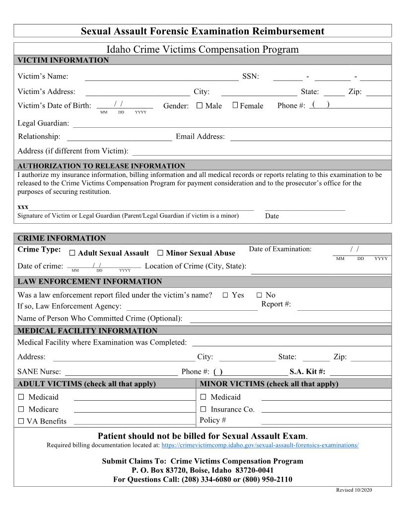 Sexual Assault Forensic Examination Reimbursement | Pdf Fpdf Doc Docx | Idaho