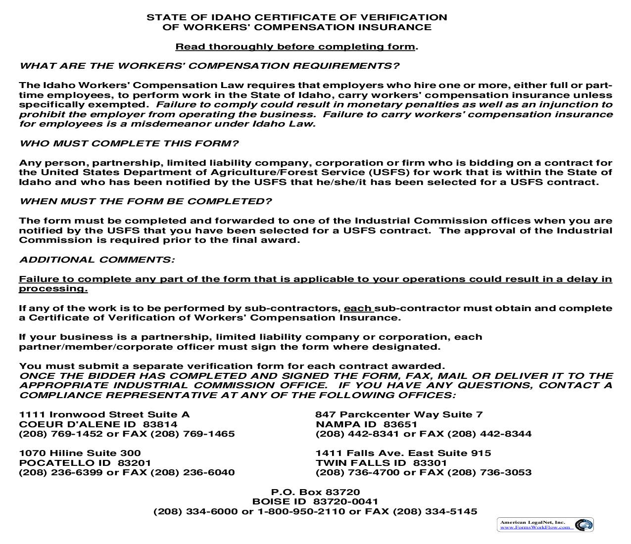 Certificate Of Verification Of Workers Compensation Insurance | Pdf Fpdf Doc Docx | Idaho