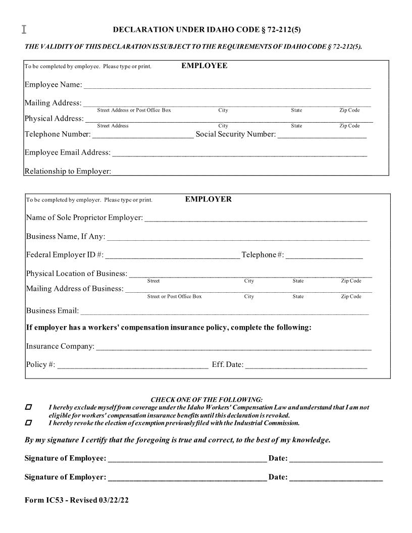 Declaration Of Exemption {IC-53} | Pdf Fpdf Doc Docx | Idaho