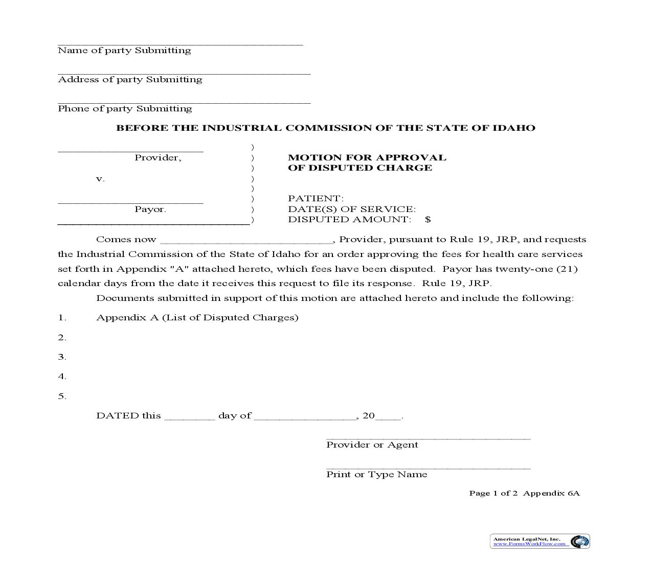 Motion For Approval Of Disputed Charge | Pdf Fpdf Doc Docx | Idaho