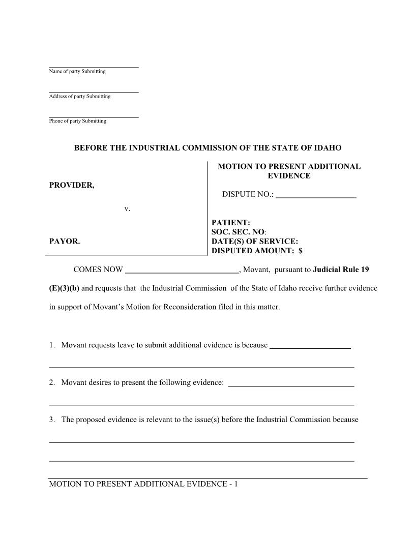 Motion To Present Additional Evidence | Pdf Fpdf Doc Docx | Idaho