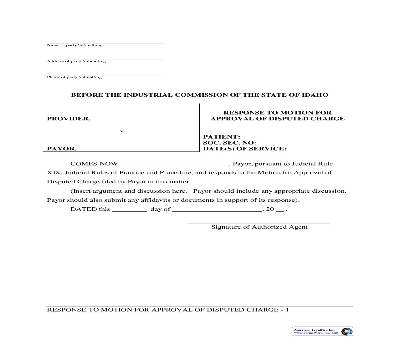 Response To Motion For Approval Of Disputed Charge | Pdf Fpdf Doc Docx | Idaho