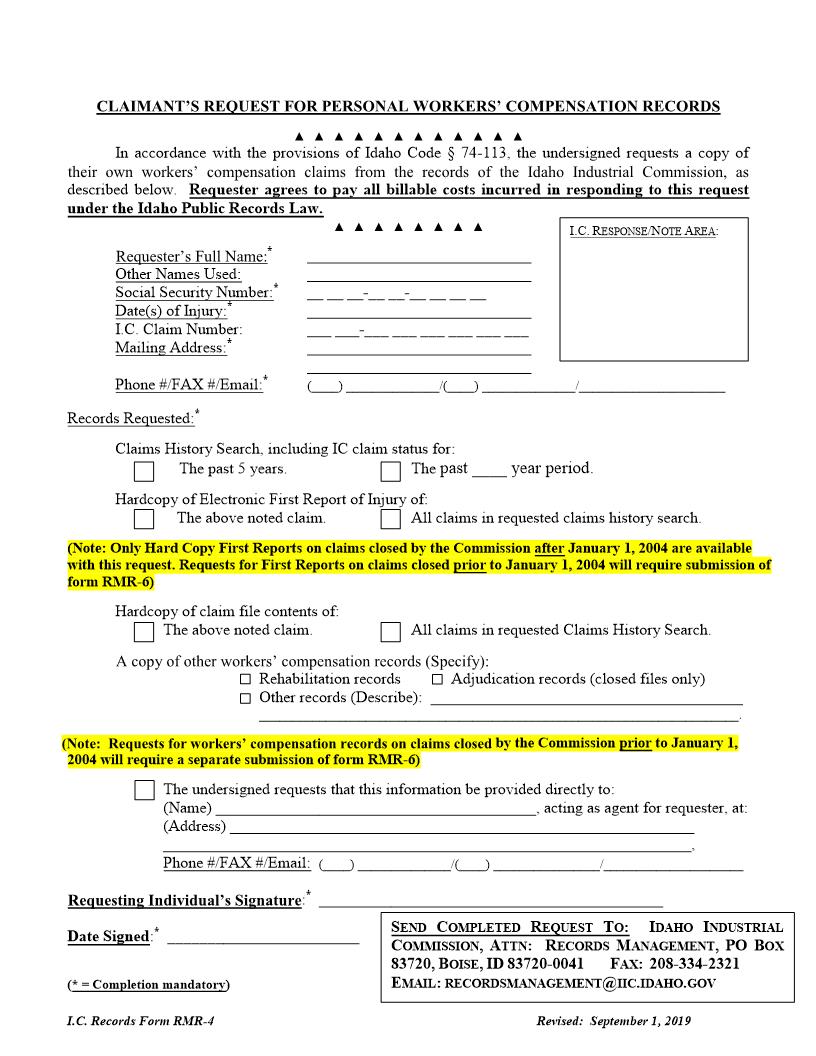 Claimants Request For Personal Workers Compensation Records {RMR-4} | Pdf Fpdf Doc Docx | Idaho