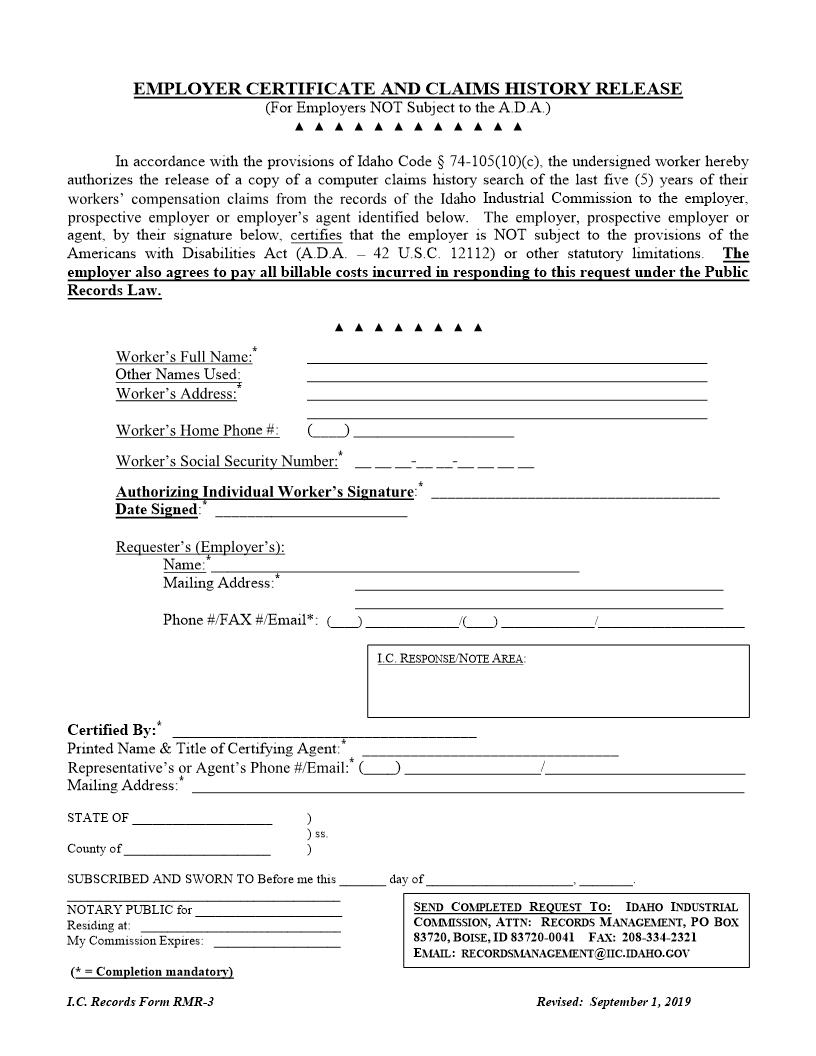 Employer Certificate And Claims History Release {RMR-3} | Pdf Fpdf Doc Docx | Idaho