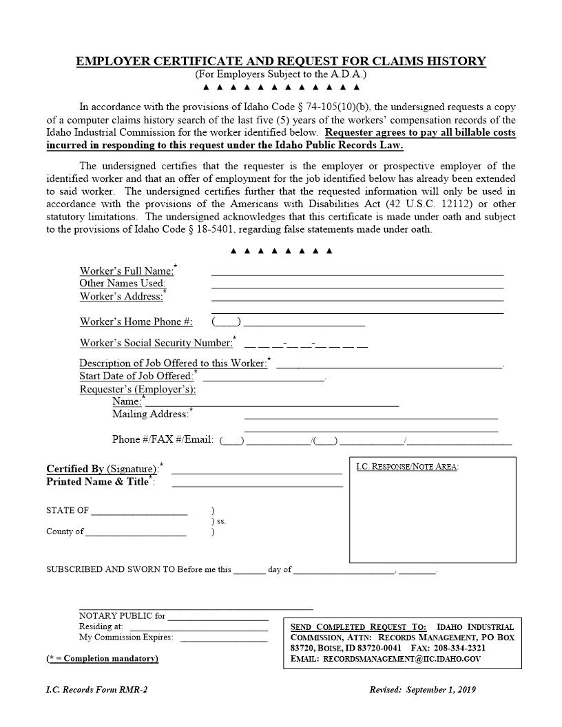 Employer Certificate And Request For Claims History {RMR-2} | Pdf Fpdf Doc Docx | Idaho