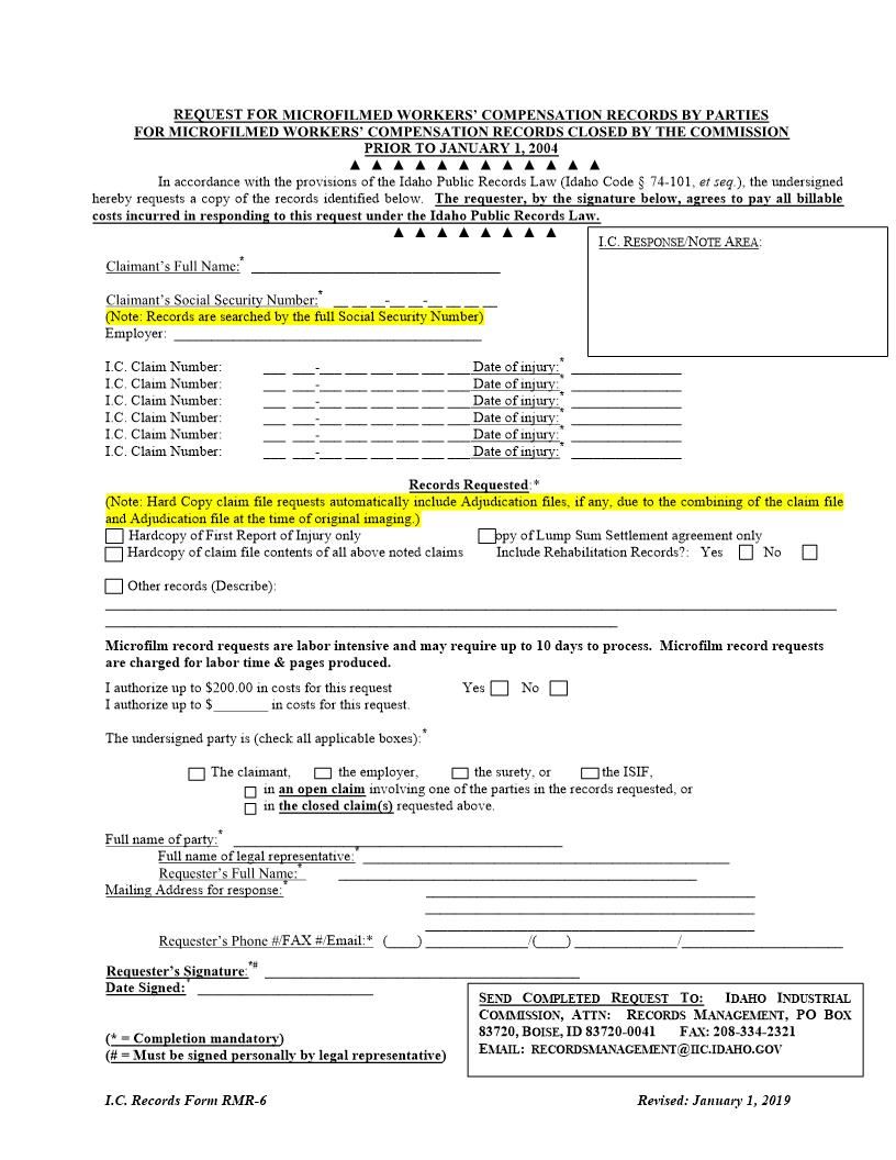 Request For Microfilmed Workers Compensation Records By Parties {RMR-6} | Pdf Fpdf Docx | Idaho