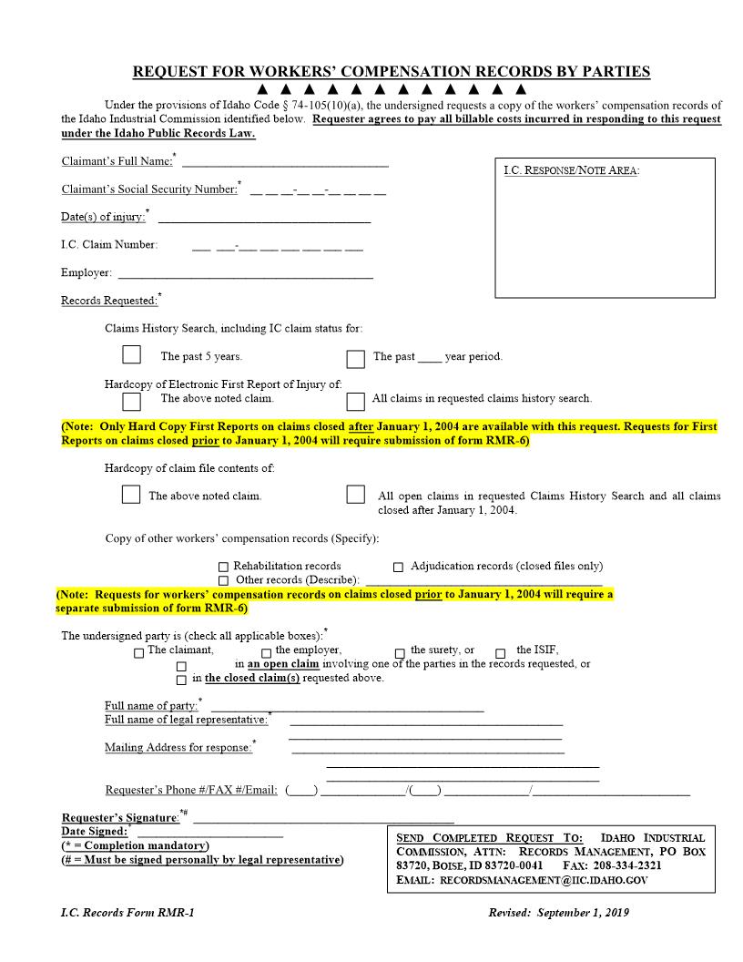 Request For Workers Compensation Records By Parties {RMR-1} | Pdf Fpdf Doc Docx | Idaho