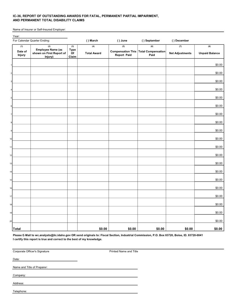 Report Of Outstanding Awards For Fatal Permanent Disability Claims {IC-36} | Pdf Fpdf Doc Docx | Idaho