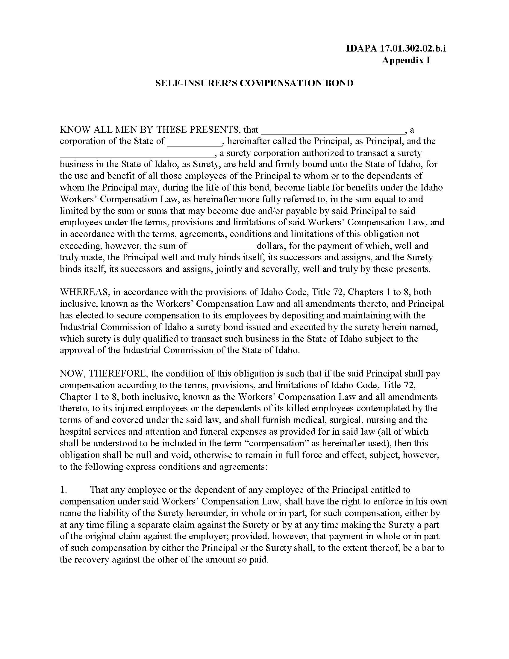 Self Insurers Compensation Bond (Appendix I) | Pdf Fpdf Doc Docx | Idaho