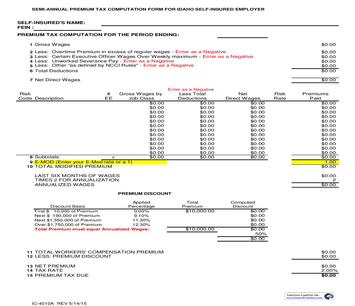 Semi Annual Premium Tax Computation Form For Idaho Self Insured Employer {IC-4010A} | Pdf Fpdf Doc Docx | Idaho