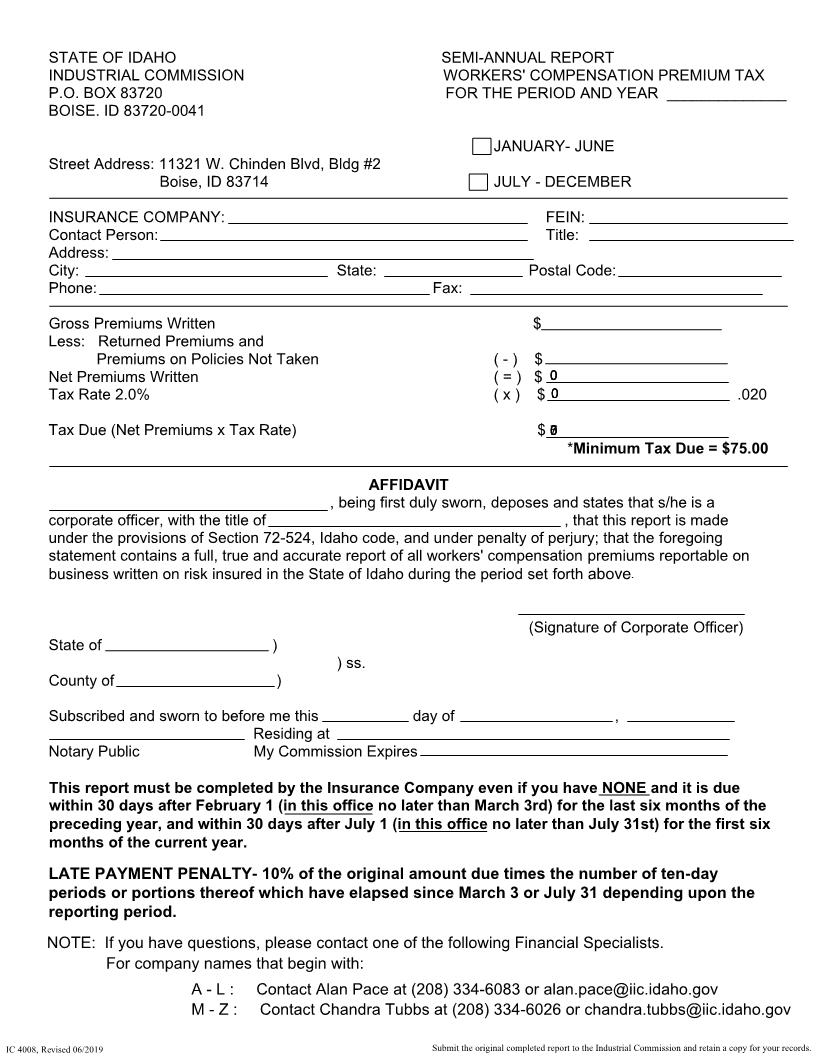 Semi Annual Report Workers Compensation Premium Tax {IC-4008} | Pdf Fpdf Docx | Idaho