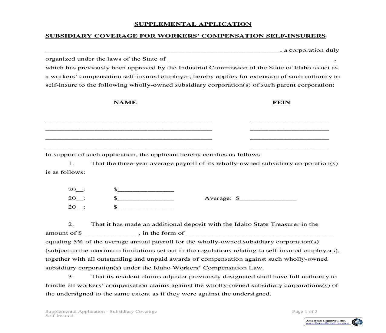 Subsidiary Coverage For WC Self-Insurers (Supplemental Application) {IC-4006SUP} | Pdf Fpdf Doc Docx | Idaho