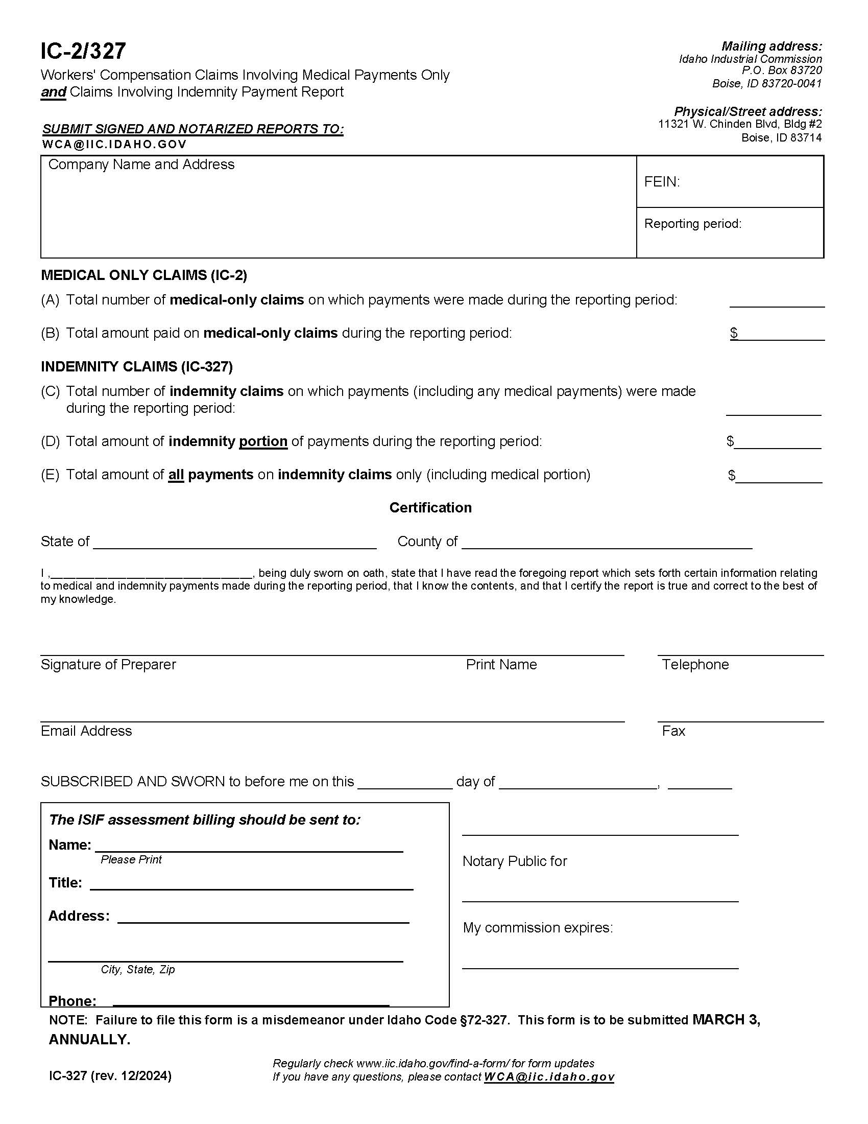WC Claims Involving Medical Payments Only And Claims Involving Indemnity Payments {IC-327} | Pdf Fpdf Docx | Idaho