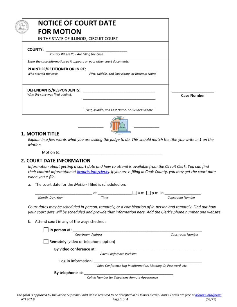 Notice Of Court Date For Motion {ATJ 802.8} | Pdf Fpdf Doc Docx | Illinois 
