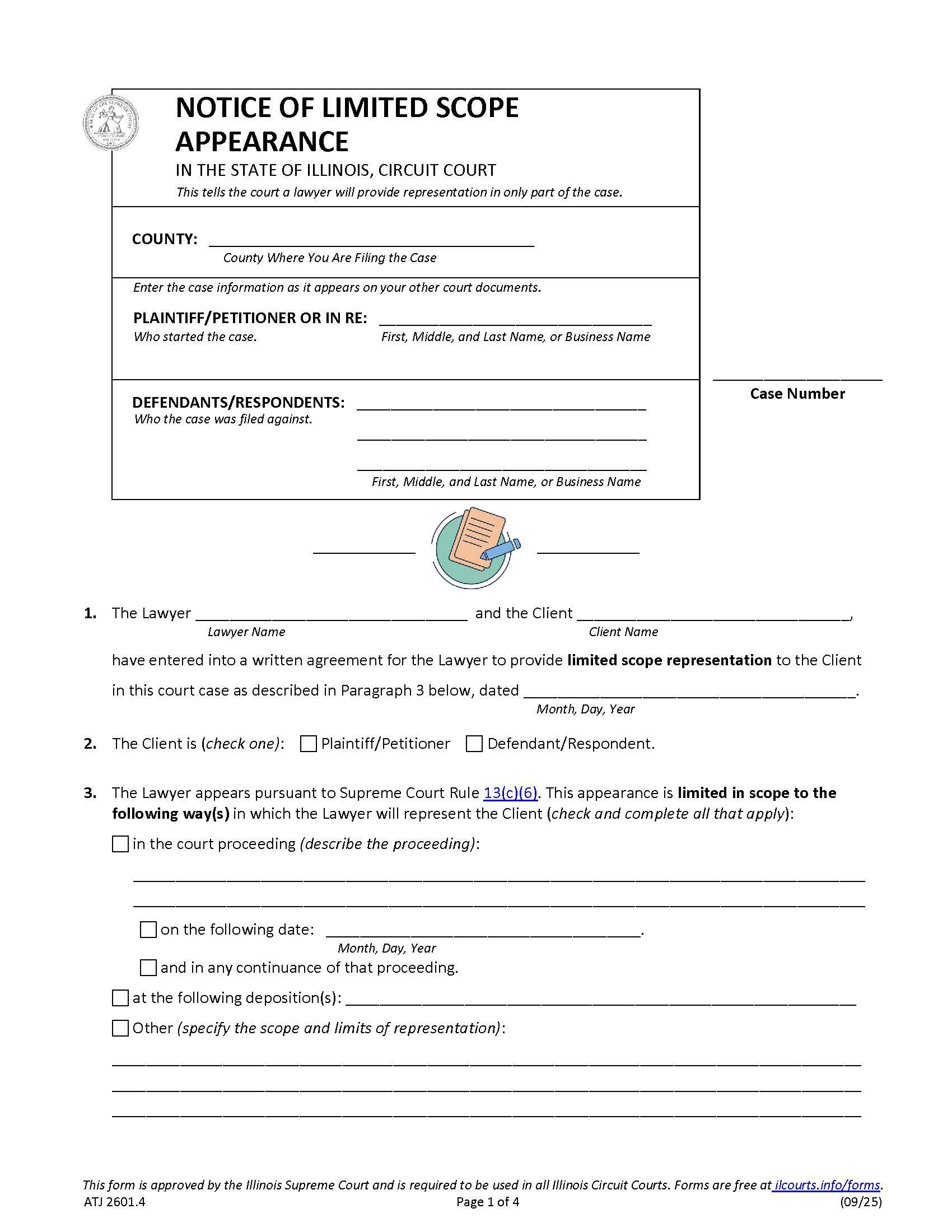 Notice Of Limited Scope Appearance {ATJ 2601.4} | Pdf Fpdf Doc Docx | Illinois 