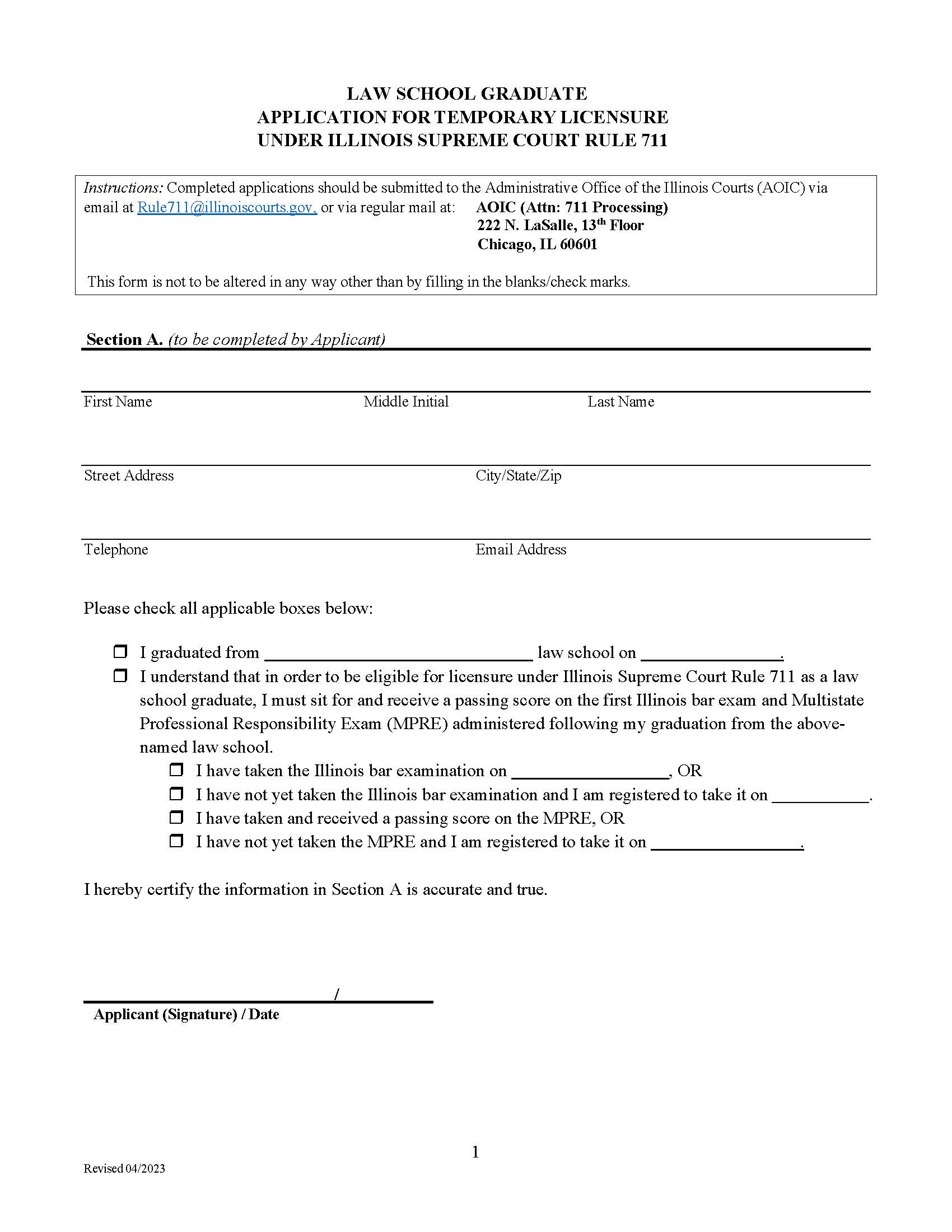 Law School Graduate Application Temporary Licensure Supreme Court Rule 711 | Pdf Fpdf Doc Docx | Illinois