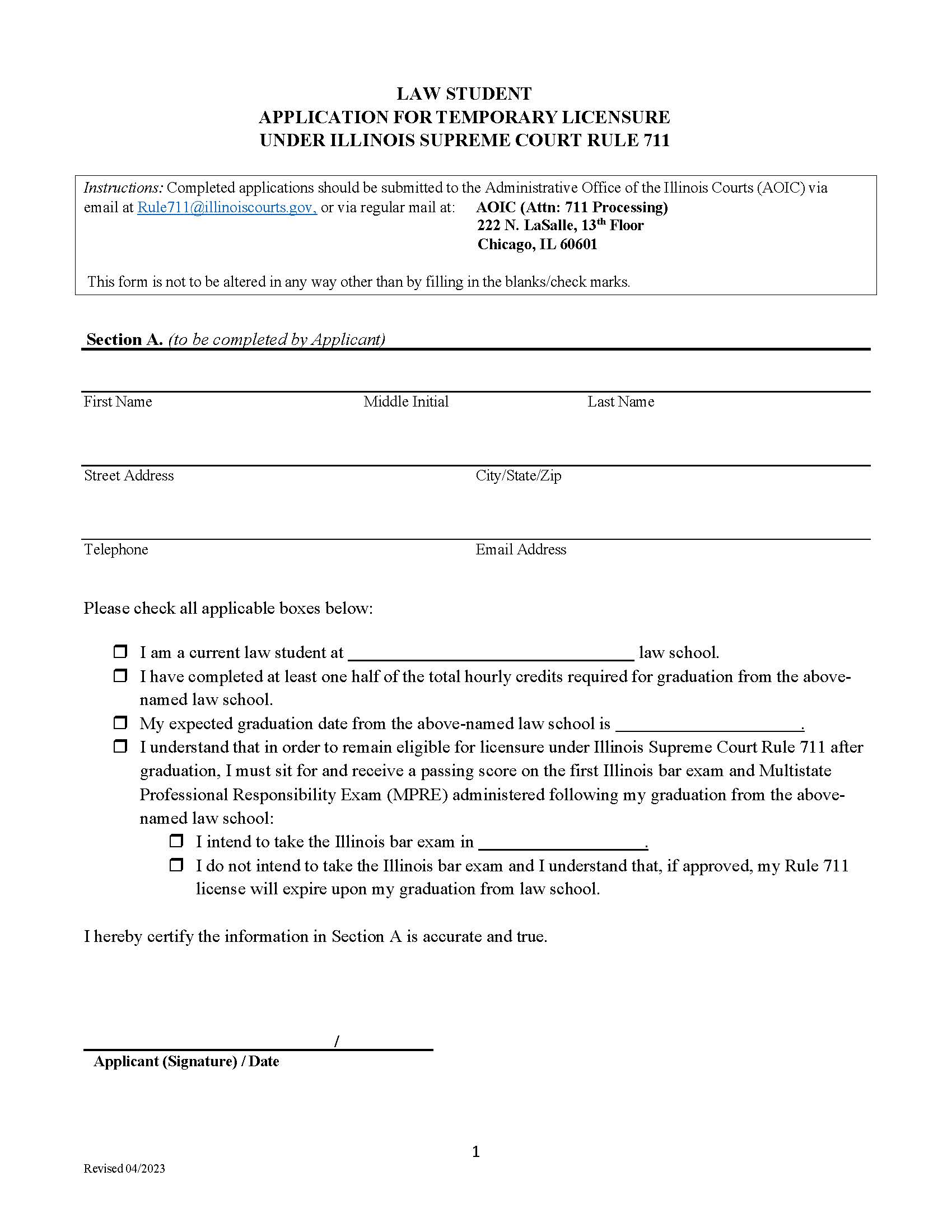 Law Student Application For Temporary Licensure Supreme Court Rule 711 | Pdf Fpdf Doc Docx | Illinois