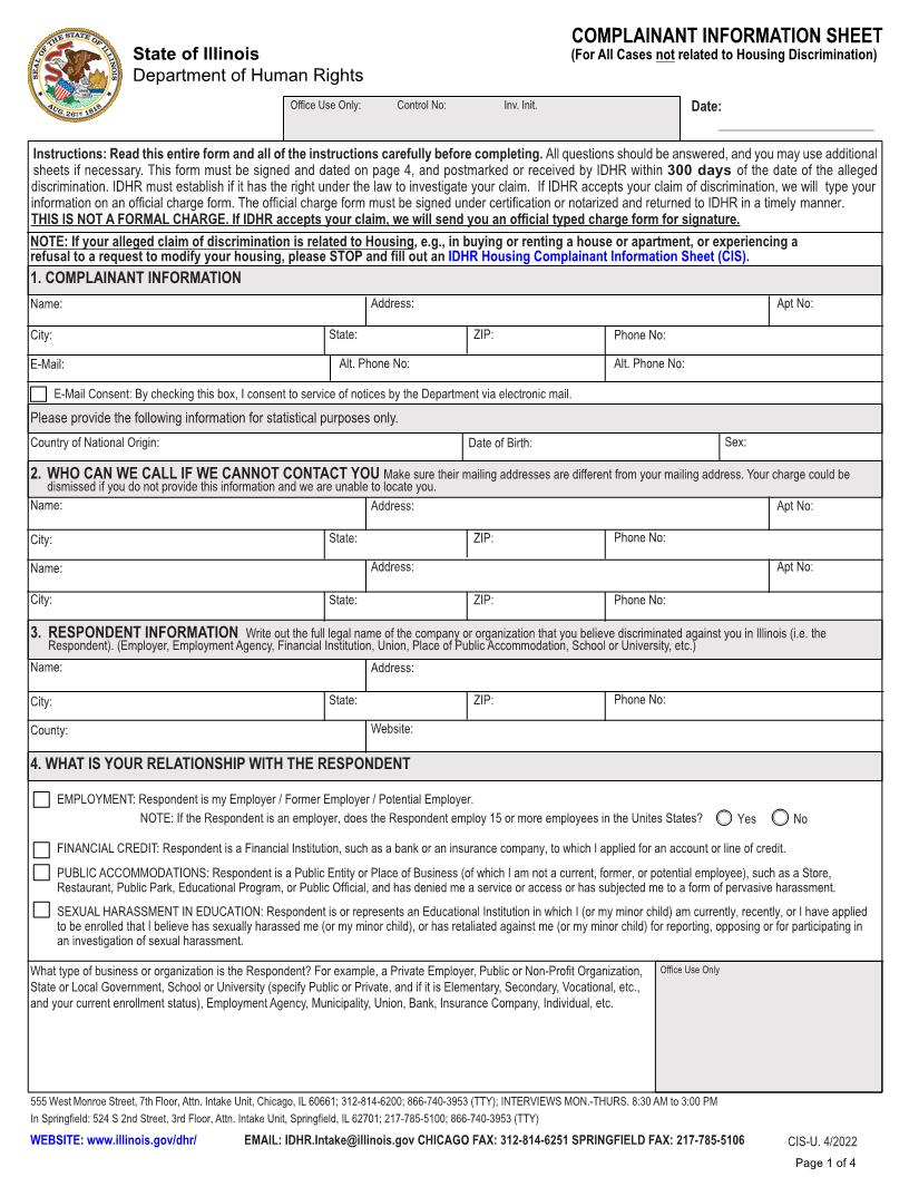 Complainant Information Sheet (Non-Housing) | Pdf Fpdf Docx | Illinois