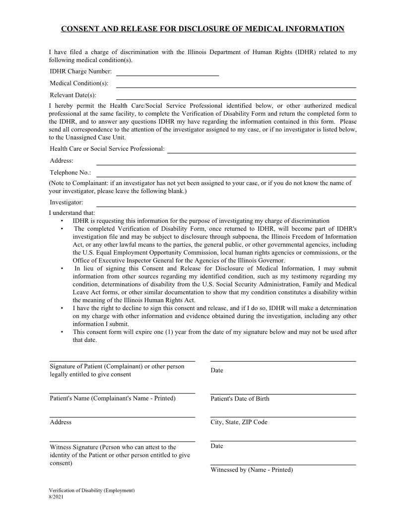 Consent And Release For Disclosure Of Medical Information (Employment) | Pdf Fpdf Docx | Illinois
