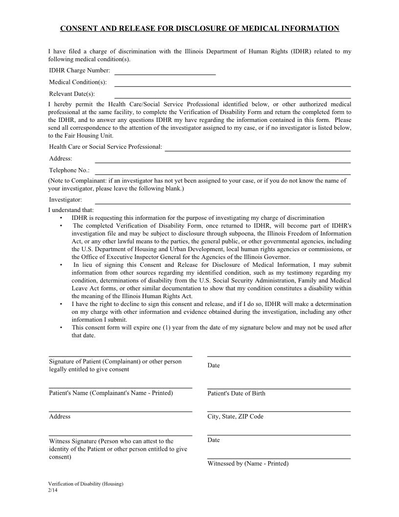 Consent And Release For Disclosure Of Medical Information (Housing) | Pdf Fpdf Docx | Illinois