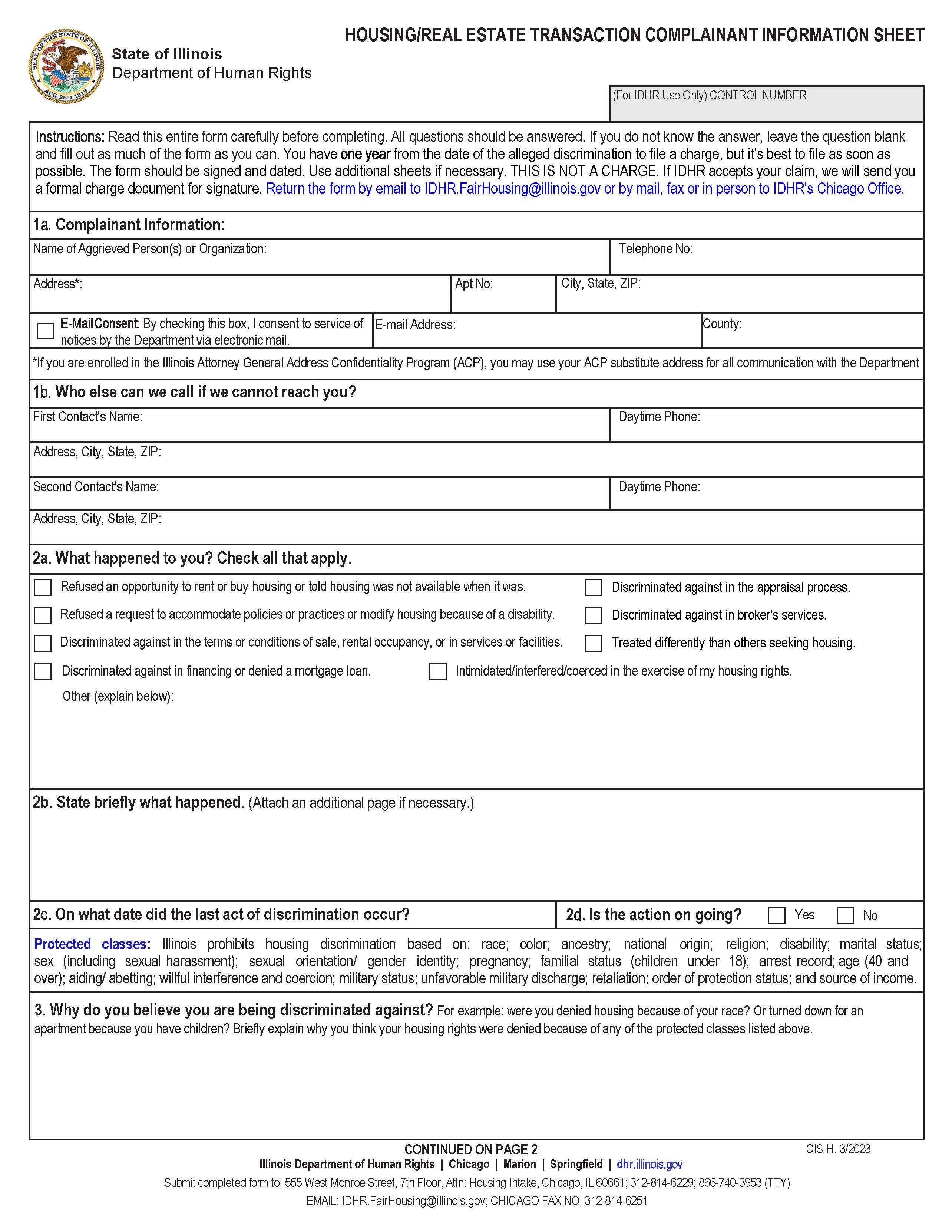 Housing-Real Estate Transaction Complainant Information Sheet | Pdf Fpdf Doc Docx | Illinois