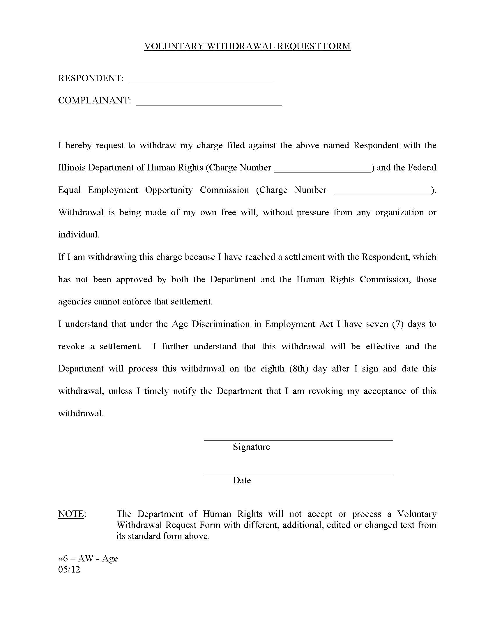Voluntary Withdrawal Request (Department Of Human Rights - Age) | Pdf Fpdf Docx | Illinois