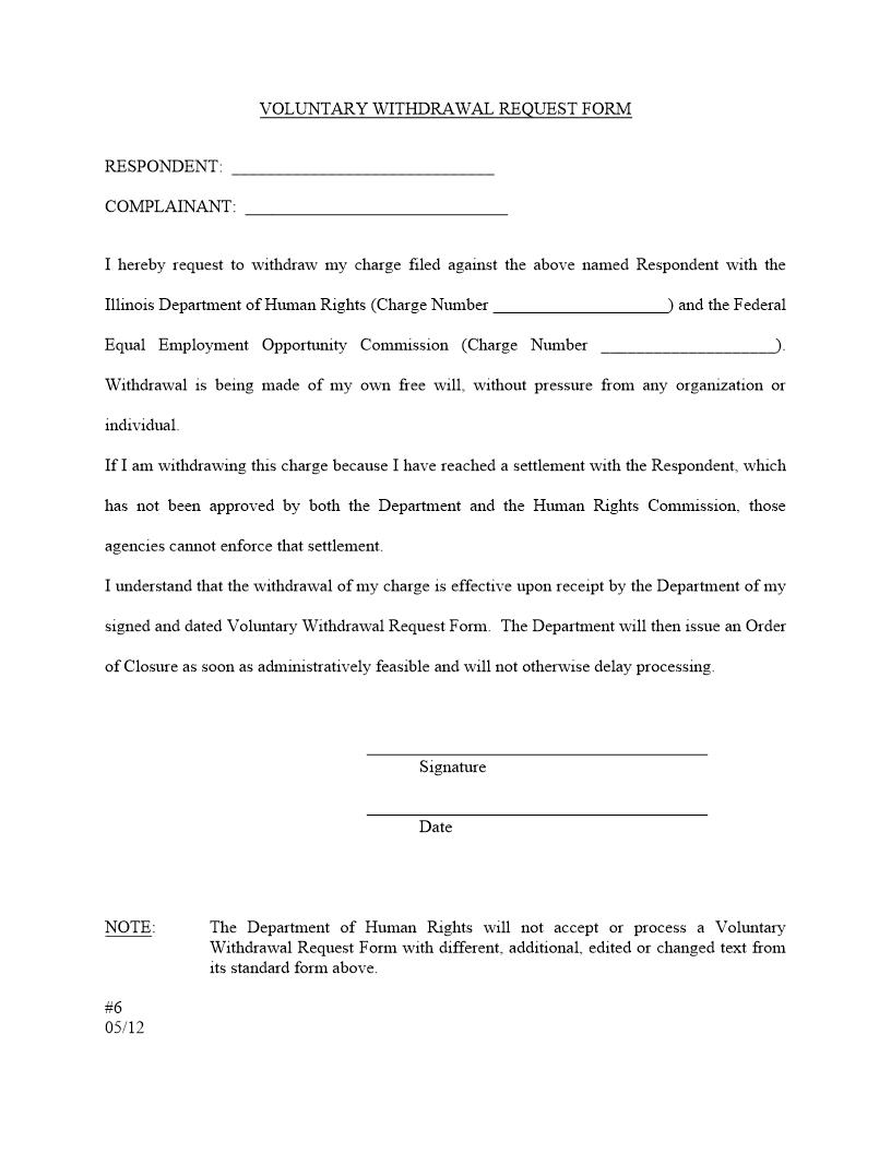 Voluntary Withdrawal Request (Dept Of Human Rights - Charge CF-SF-CE-SE) | Pdf Fpdf Docx | Illinois