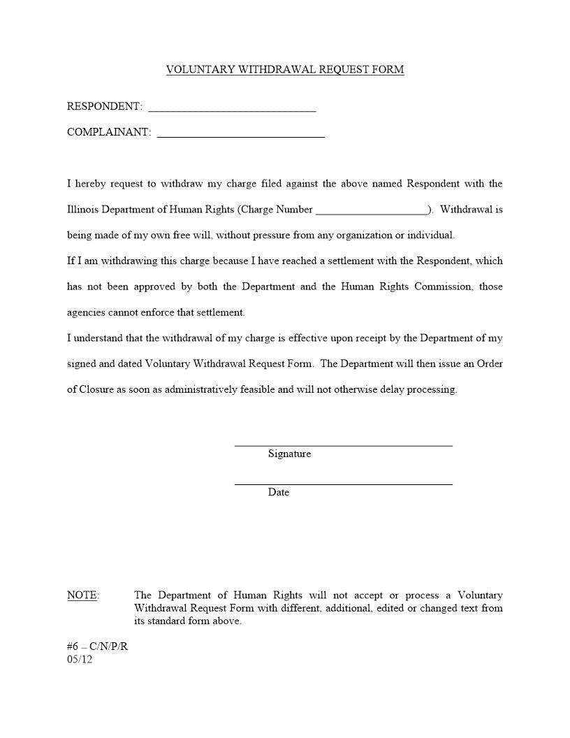 Voluntary Withdrawal Request (Dept Of Human Rights - Other Charge-Category) | Pdf Fpdf Docx | Illinois