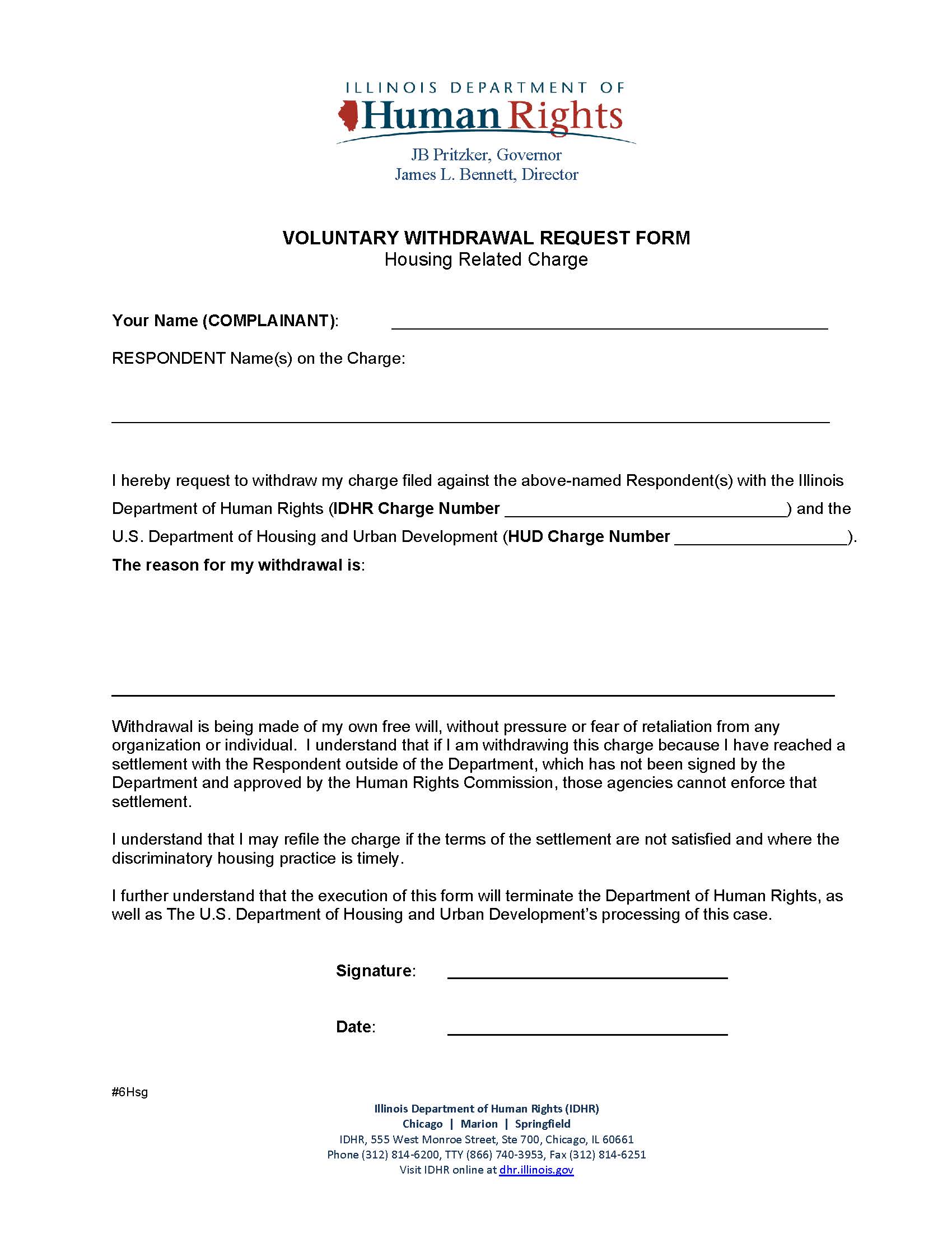 Voluntary Withdrawal Request Form Housing Related Charge (DHR) | Pdf Fpdf Docx | Illinois
