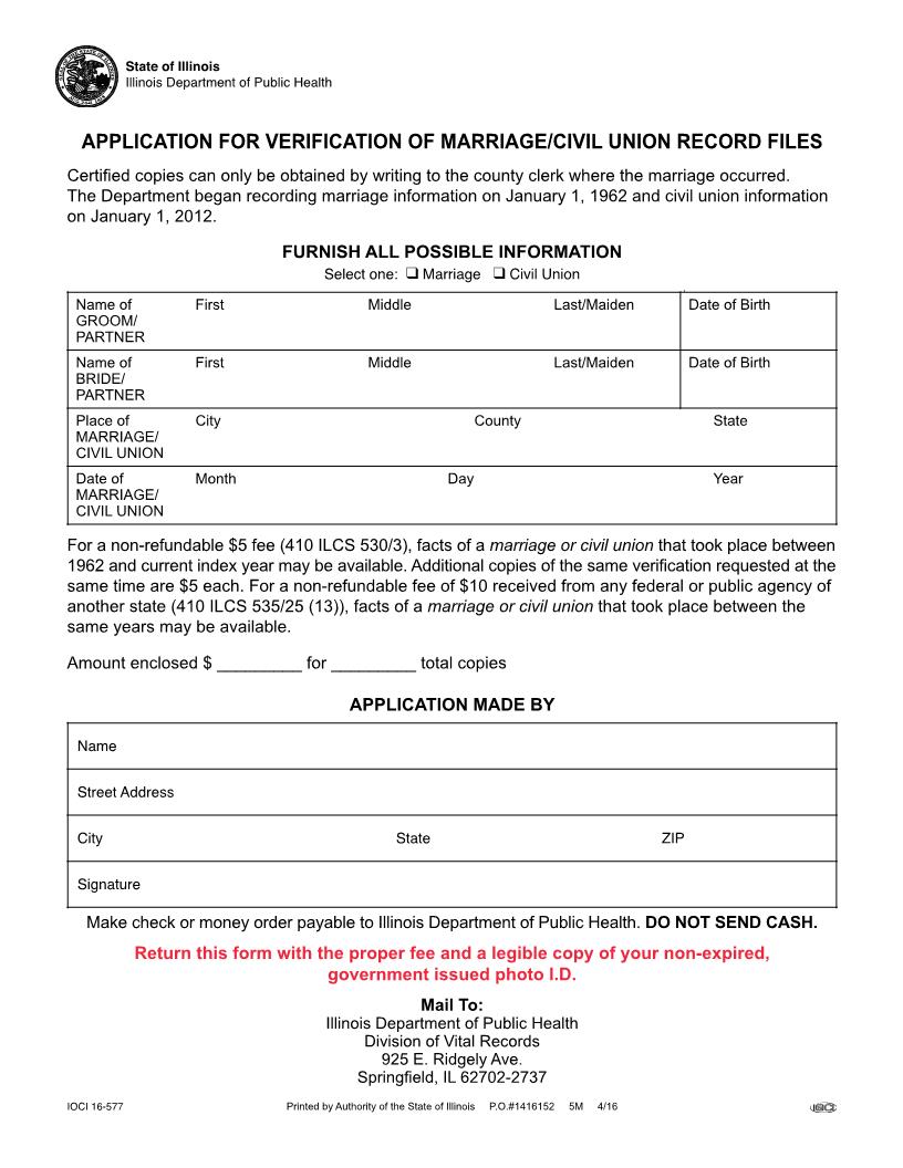Application For Verification Of Marriage-Civil Union Record Files | Pdf Fpdf Docx | Illinois